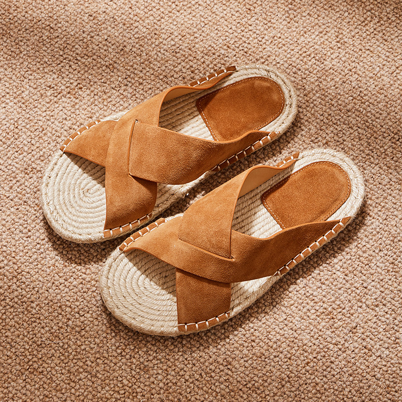 男士夏季老钱风拖鞋牛皮交叉休闲时尚一字拖草编底渔夫鞋凉拖鞋