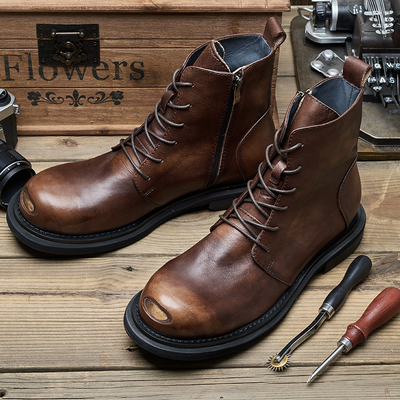 手工真皮制作破坏风钢头马丁靴