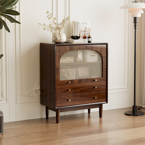 斗柜客厅收纳柜小立柜复古藤编实木腿置物柜卧室靠墙收纳柜抽屉柜