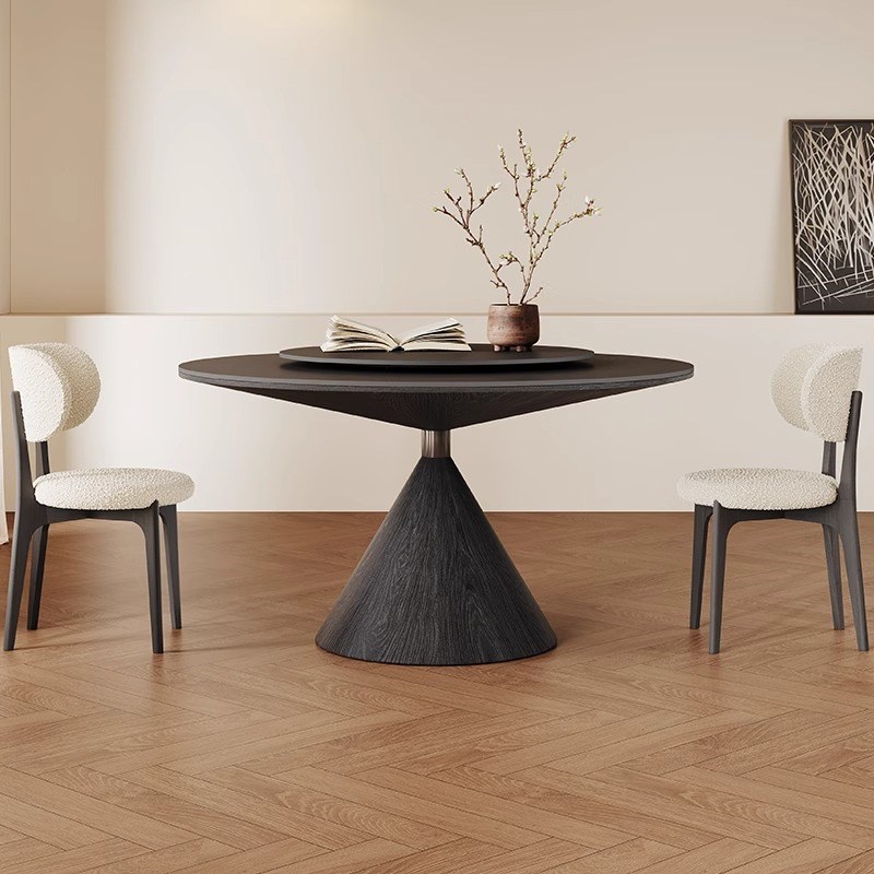 纯黑实木圆形餐桌带转盘家用小户型现代简约轻奢高端飞碟岩板餐桌