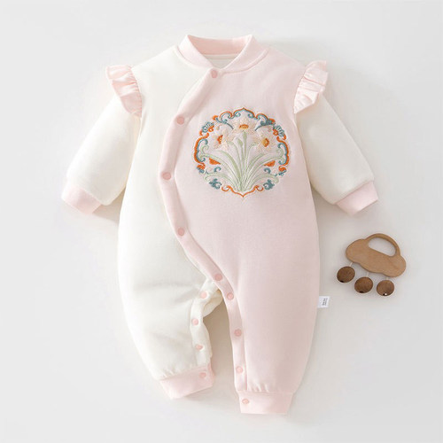 【撤柜专区】品牌专柜7A抗菌刺绣水仙花婴儿连体120g纯棉a类爬服