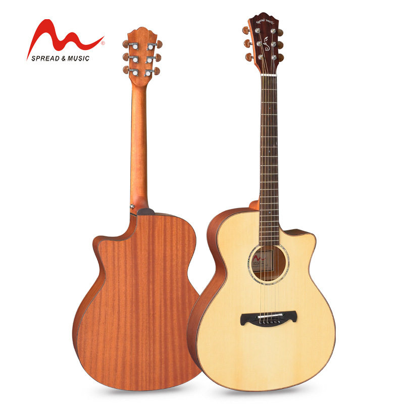 传音民谣吉他厂家直销41寸云杉面板缺角木吉他