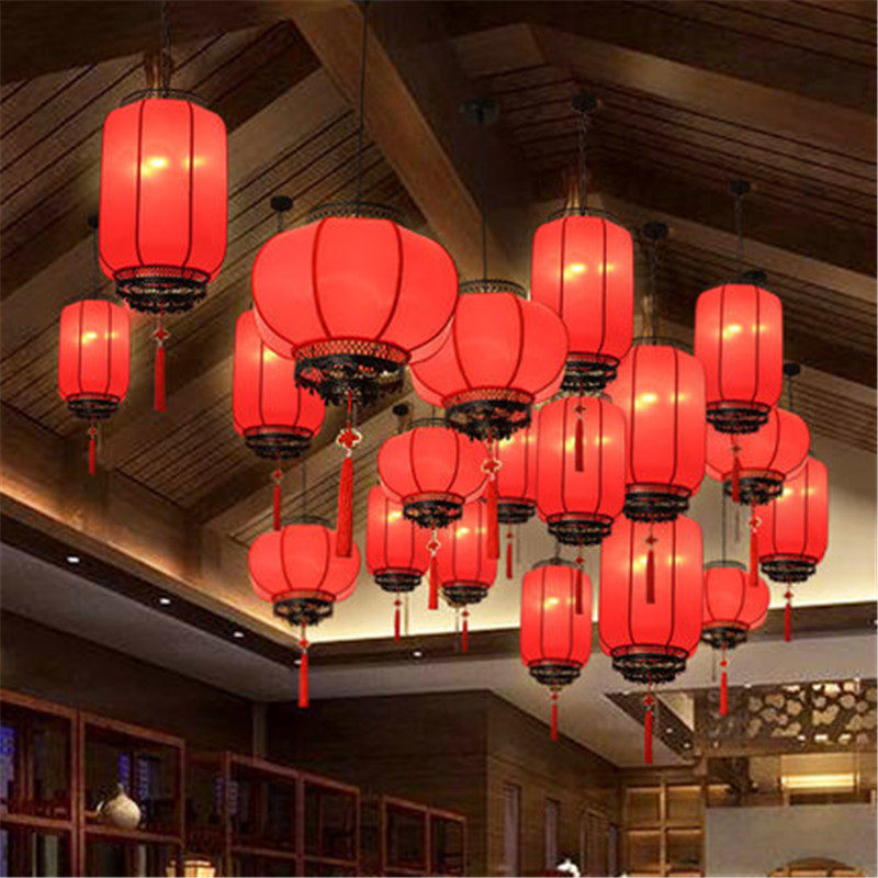 新中式红色布艺吊灯 仿古餐厅门厅宫灯现代中国风婚庆吊灯