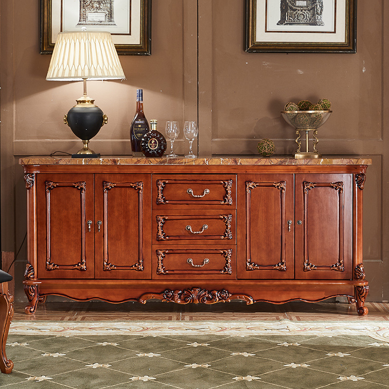 欧式实木餐边柜1.6米大理石面碟碗柜客厅储物柜仿古色卧室储物柜