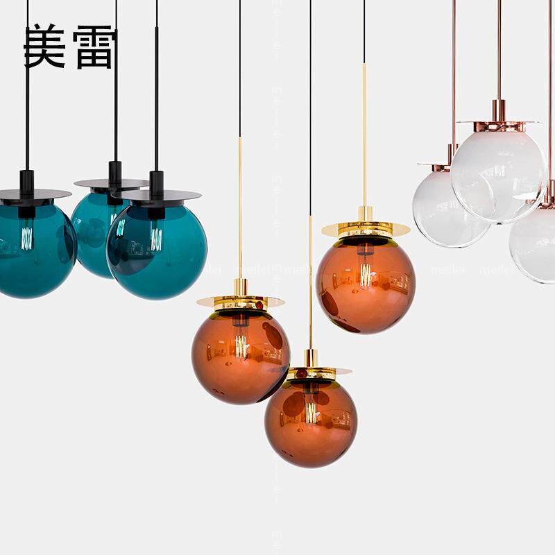 北欧三头餐厅灯现代简约酒红圆形玻璃吊灯创意个性客厅卧室床头灯