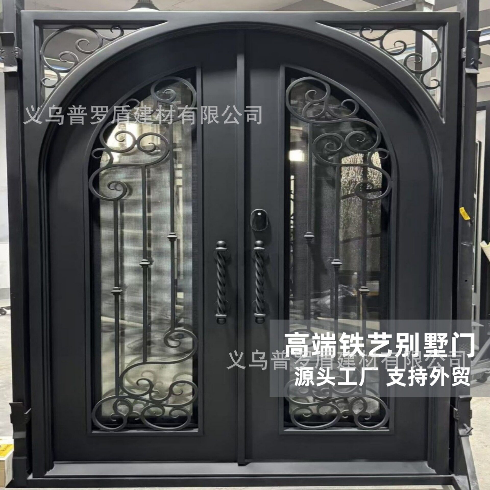 欧式复古拱形铁艺玻璃双开大门