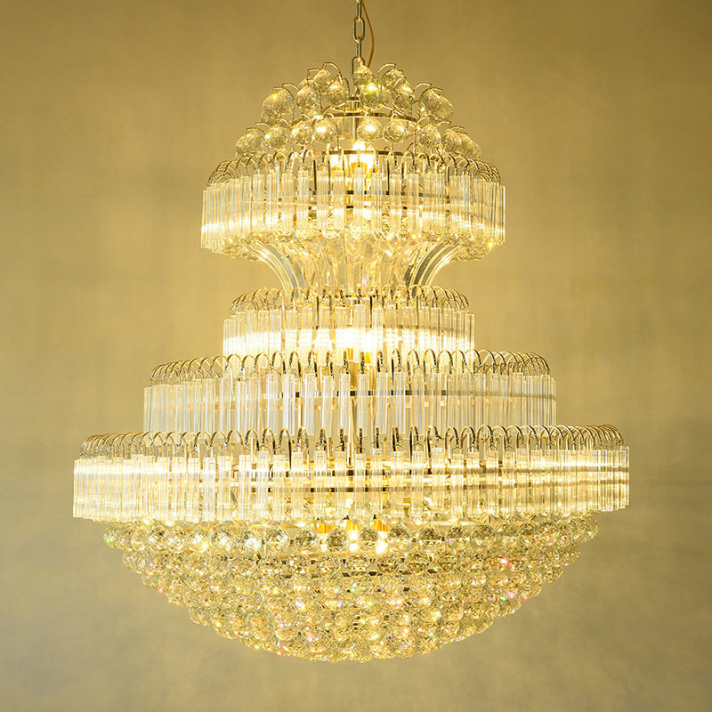 欧式复式楼客厅大吊灯别墅楼中楼酒店大堂楼梯轻奢金色水晶大厅灯