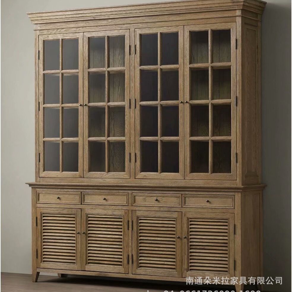 美式乡村实木餐边柜复古做旧客厅橡木四开门酒水柜展示柜书柜