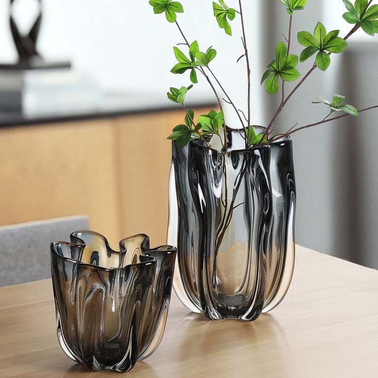 现代轻奢灰色花瓣口琉璃花瓶餐桌电视柜家居客厅玄关装饰插花摆件