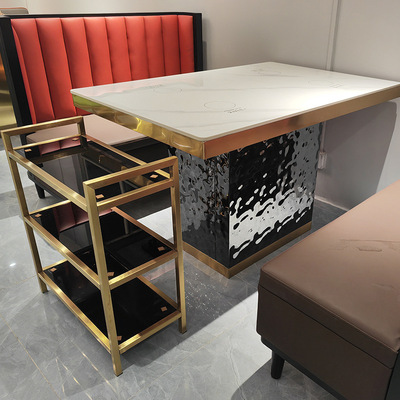 不锈钢水波纹火锅桌岩板火锅一人一锅长方桌隐藏式电磁炉火锅餐桌