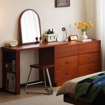 2026北欧中古实木化妆家用斗柜梳妆台一体小户型卧室床尾转角桌