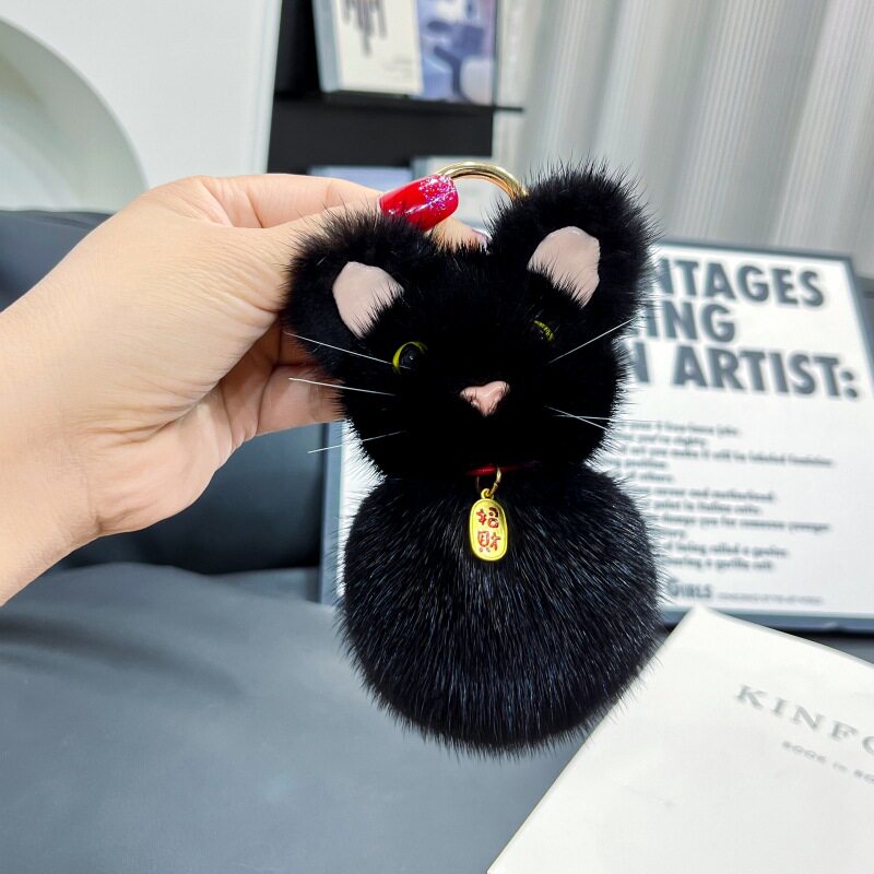 招财小猫咪真水貂毛汽车钥匙扣挂件毛绒公仔包包挂饰礼物