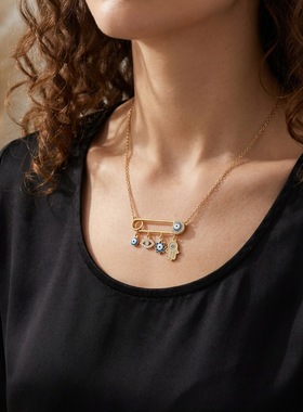 蓝眼睛回形针项链Evil Eye土耳其风格恶魔之眼毛衣链微镶锆石手掌