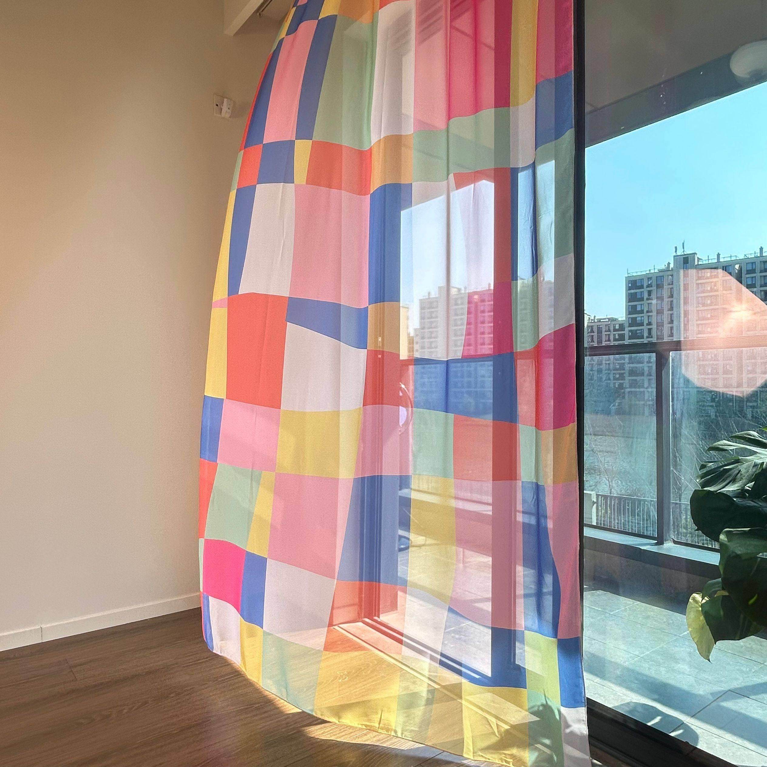 现代简约ins多巴胺色块雪纺纱门帘窗帘透光透人纱帘拍照挂布定制,居家布艺,成品窗帘,淘宝优惠券,粉丝福利购,淘宝优惠卷