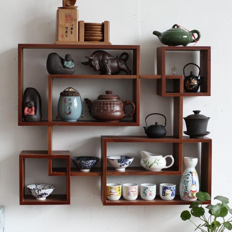 实木制茶宠摆件博古架复古茶具茶杯多宝阁展示架可壁挂中式展示架