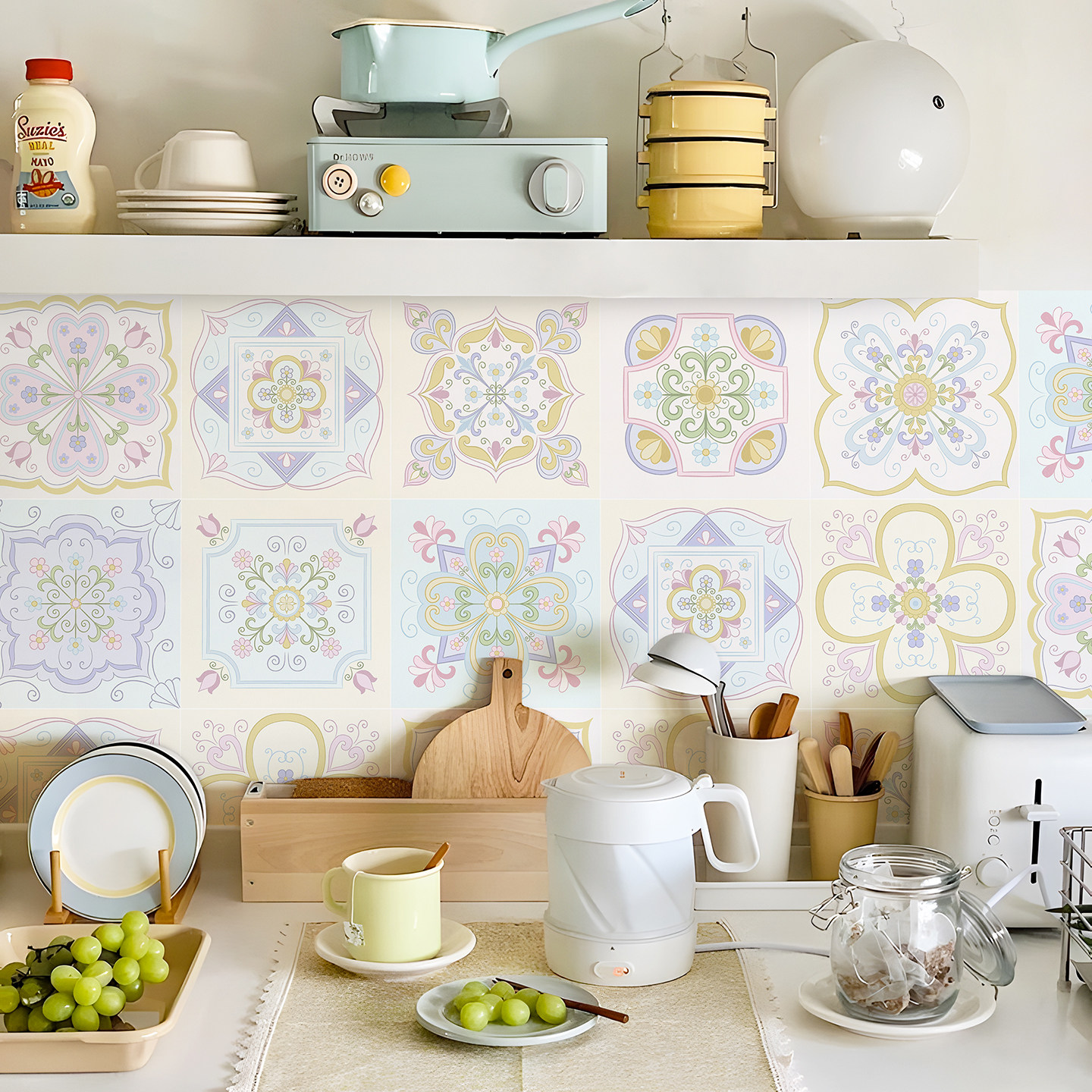 地中海仿花砖贴纸厨房瓷砖遮丑装饰墙贴防油卫生间墙面防水改造,家居饰品,瓷砖贴,淘宝优惠券,粉丝福利购,淘宝优惠卷