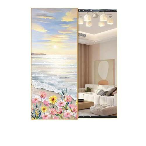 奶油风海景全身镜装饰画隐藏式可推拉穿衣镜挂画入户玄关装饰画