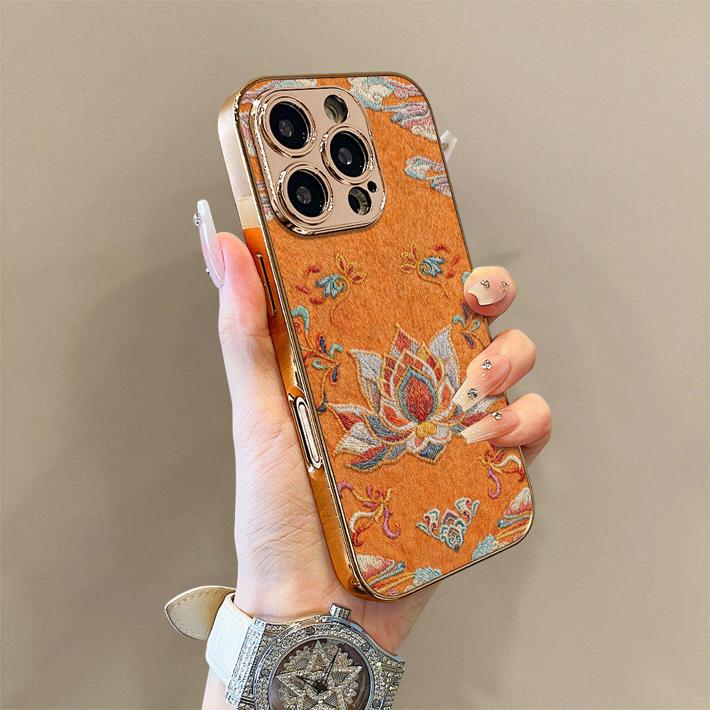 橙底莲花小羊皮适用于苹果16promax手机壳新款iPhone17 promax敦煌15pro女款13超火14PRO气质12外壳max高级女