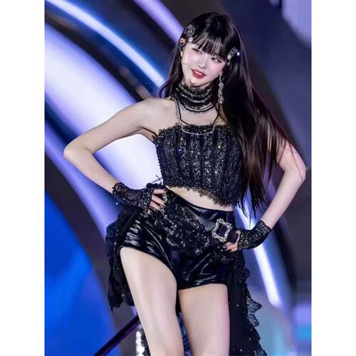 新款女团IVE张元英同款KPOP打歌服黑色舞蹈裙韩爵士套装演出服台