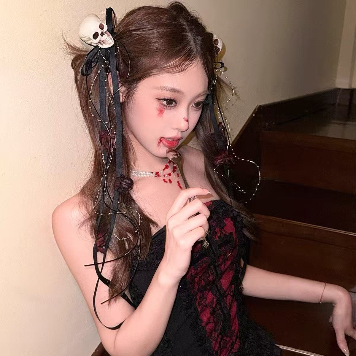 狩猎时刻万圣节少女骷髅头亚文化蝴蝶结甜酷可爱发夹骷髅毛绒暗黑