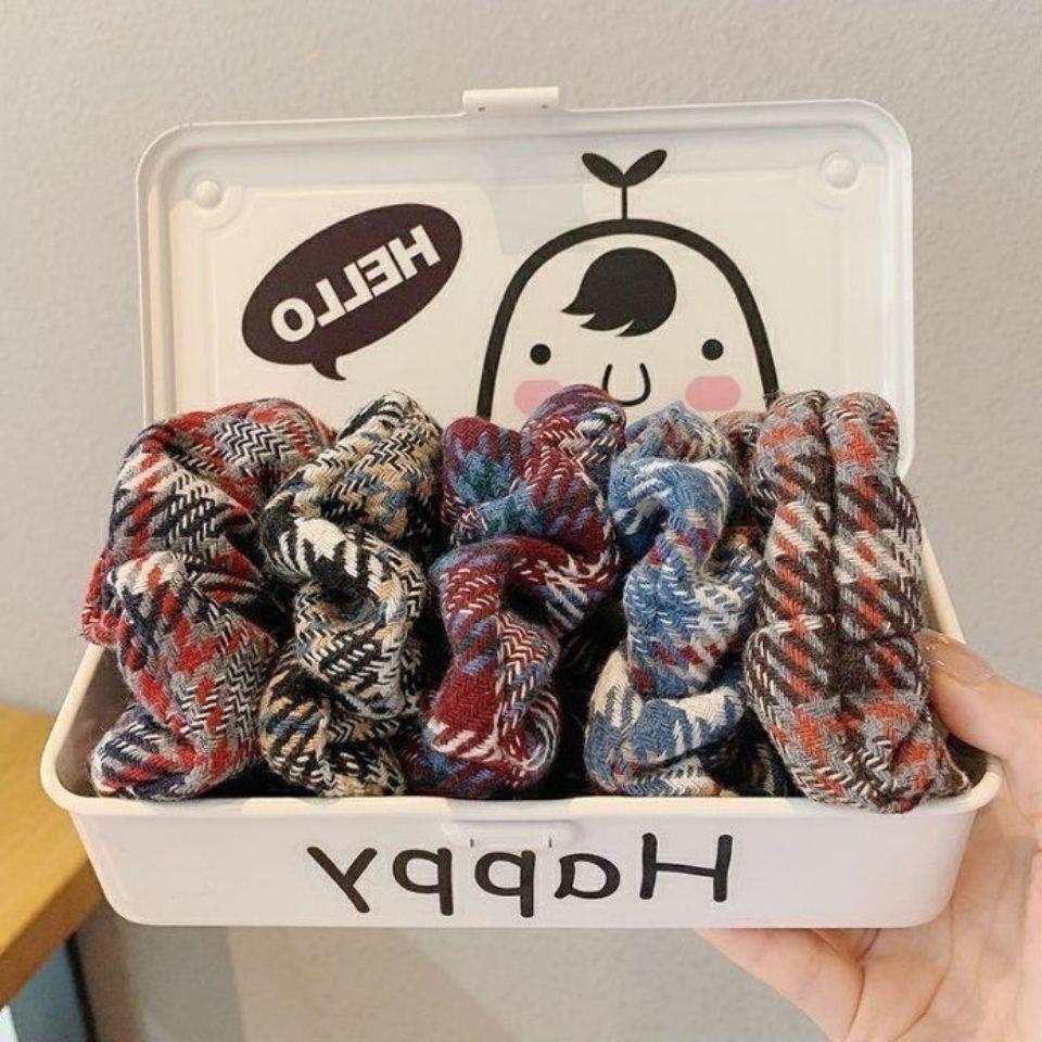 韩国秋冬格纹大肠发圈iu同款雾霾蓝色学生简约百搭发绳头绳发饰