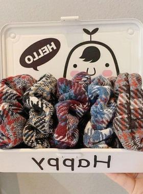 韩国秋冬格纹大肠发圈iu同款雾霾蓝色学生简约百搭发绳头绳发饰