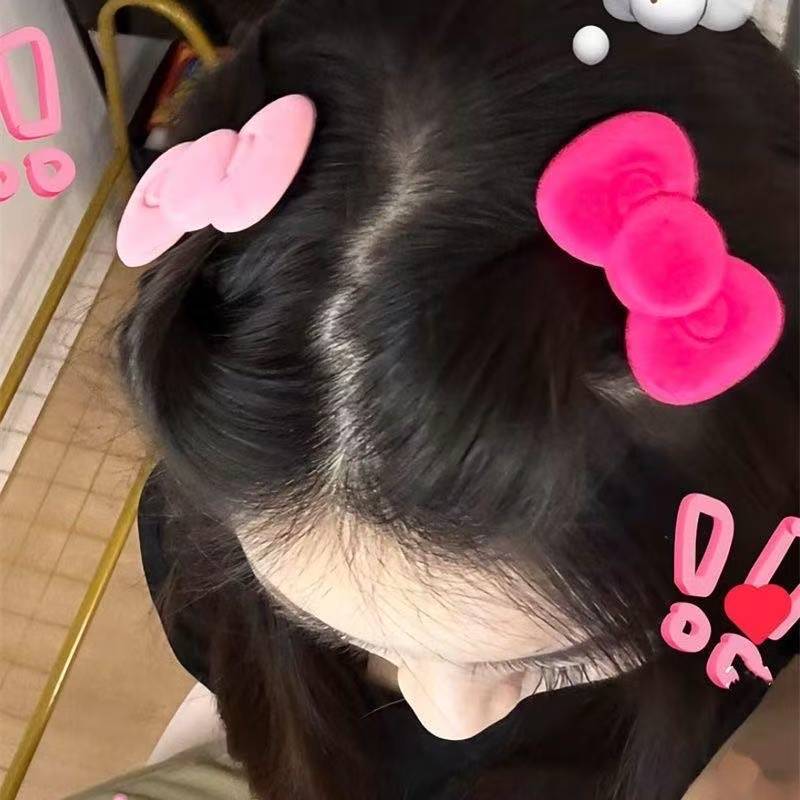 玫红少女感植绒发夹ins秋冬氛围刘海侧边甜美蝴蝶结发卡发饰