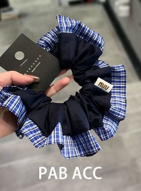 喜饰原创文艺少女撞色格纹褶皱肥肠圈藏蓝色显白高级感发圈头饰