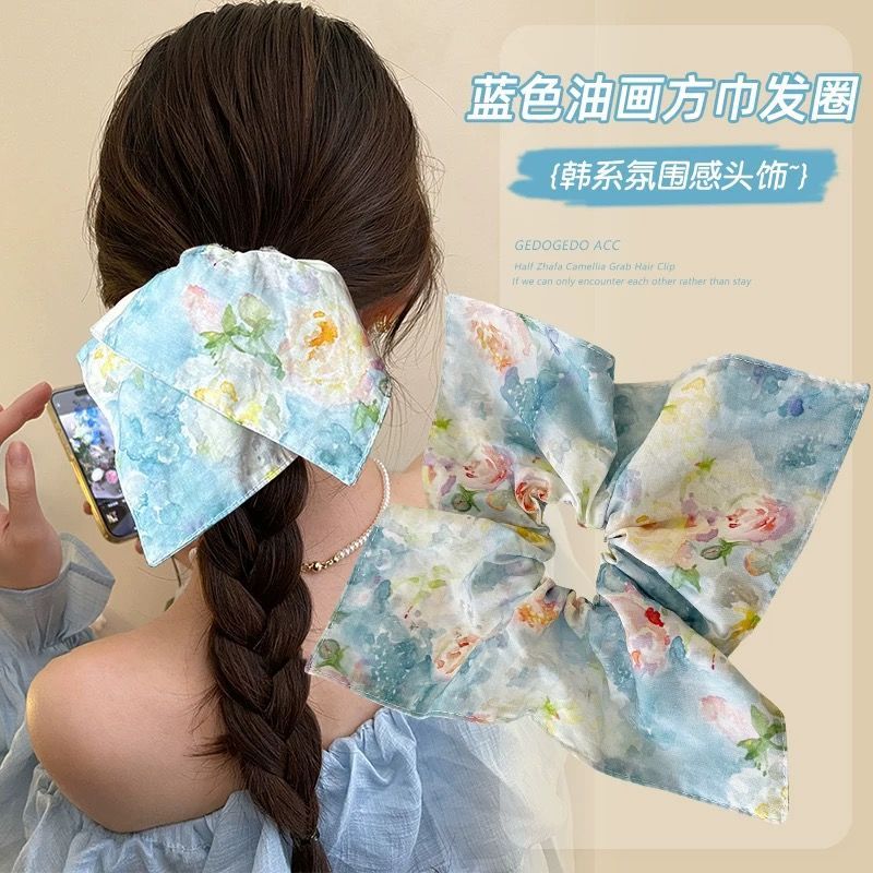 可露丽风油画风清新碎花方巾大肠发圈女慵懒风头圈发绳低马尾头绳