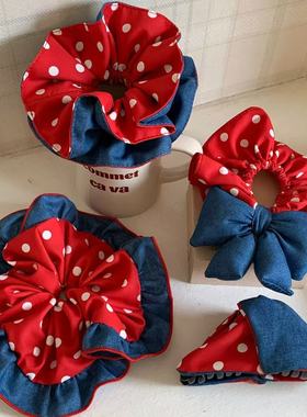 牛仔红波点拼接大肠方巾发圈高颜值气质高级感简约百搭小众盘发圈