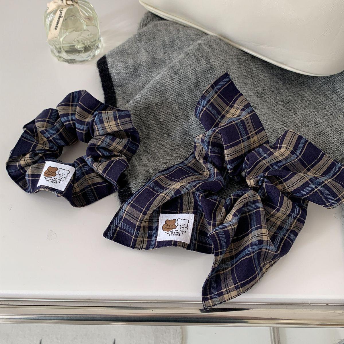 元旦复古小熊布标发绳学院风格纹布艺方巾大肠圈头绳扎马尾发饰女