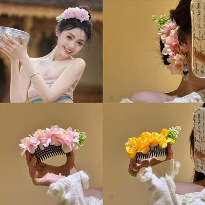 甜美少女春日粉色花朵花枝发梳新中式盘发插梳头饰氛围拍照饰品