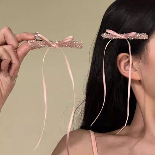 粉色甜美镶钻发夹蝴蝶结丝带侧边夹头饰发卡2025新款少女温柔发饰