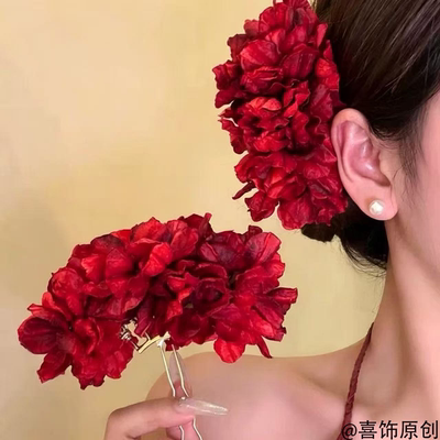 新中式红色玫瑰花朵u型发簪发钗女高级感侧边发卡度假风发饰头花