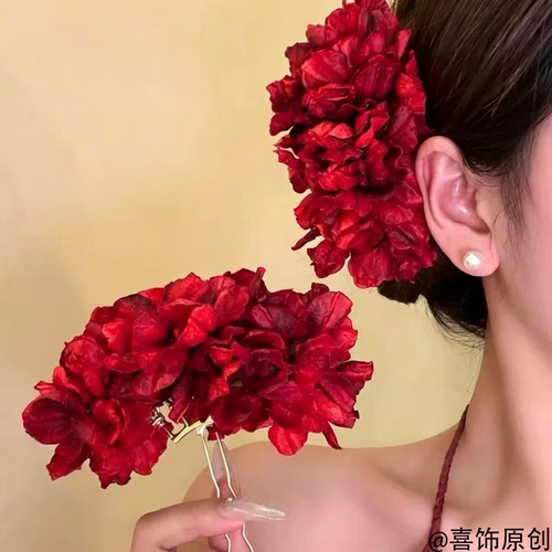 新中式红色玫瑰花朵u型发簪发钗女高级感侧边发卡度假风发饰头花