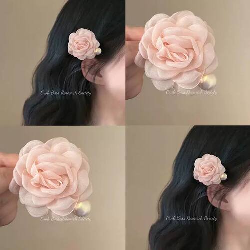 粉色网纱花朵山茶花发夹女2025新款高端发饰侧边夹碎发夹子头饰