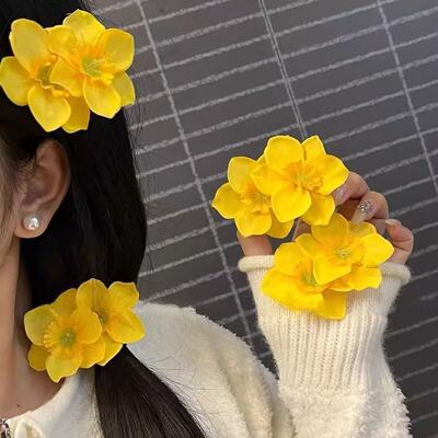 超仙多巴胺黄色双生花发夹!甜美可爱边夹氛围感刘海夹盘发器发卡