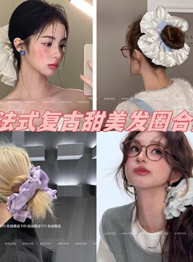 爆款芭蕾风奶油缎面蓝色条纹大肠发圈女百搭发绳扎头发橡皮筋超大