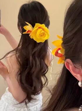 芭蕉岛屿春季气质黄色花朵鸭嘴抓夹女度假风发夹高级感头饰发卡女