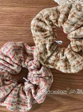 复古薄荷咖粗呢格子大肠发圈女简约时尚百搭扎发头绳秋冬新款发饰