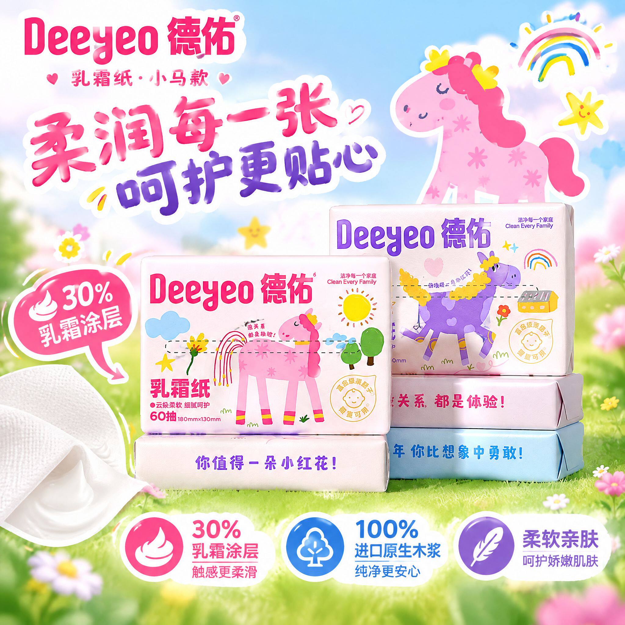 德佑云柔巾乳霜纸婴儿柔纸巾婴儿保湿抽纸60抽小马上学便携小包