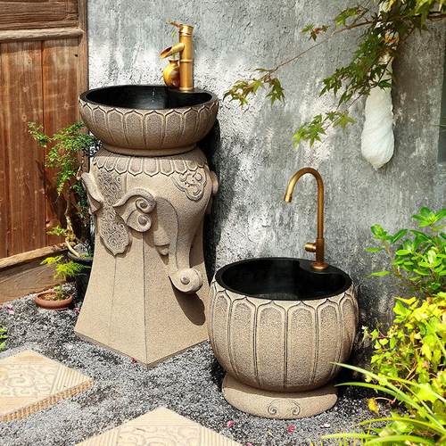 汉韵堂庭院户外洗手盆露台立柱盆家用洗面盆一体落地式洗漱台摆件