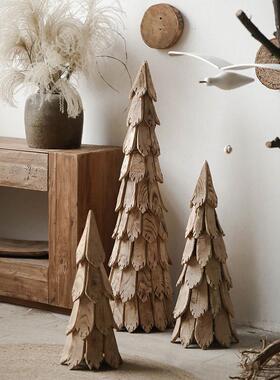 圣诞树装饰小型木片松树海马体客厅实木落地木质摆件圣诞节造景