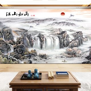 新中式山水画风景墙纸3D客厅办公室壁画电视背景墙壁纸水墨画墙布