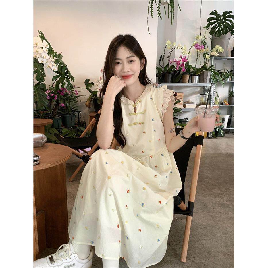 甜美碎花盘扣连衣裙女夏季新款收腰显瘦长裙中长款设计感背心裙子