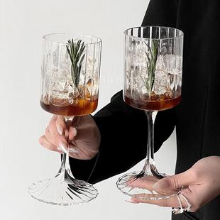 小众复古条纹红酒杯微醺高脚杯高级感葡萄酒杯鸡尾酒杯玻璃杯家用