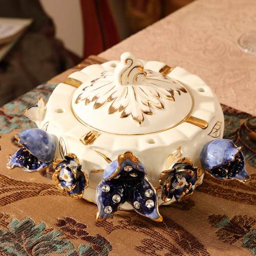 欧式陶瓷烟灰缸带盖时尚创意个性家用客厅茶几办公室烟缸复古摆件