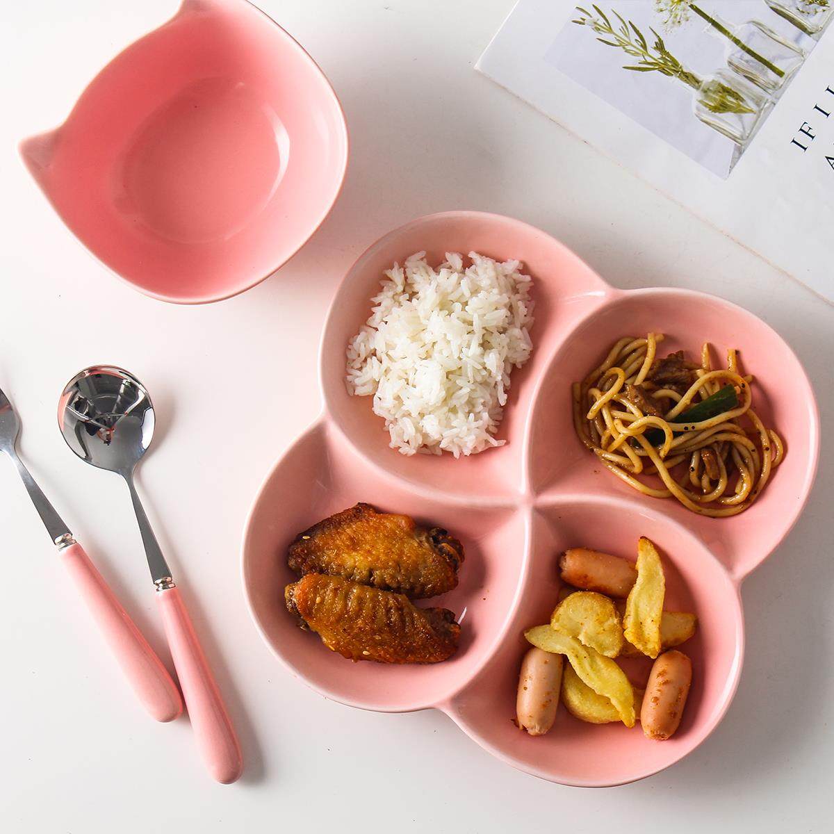 创意陶瓷分格分隔餐盘减肥减脂健康糖果色四格餐盘汤碗米饭碗套装