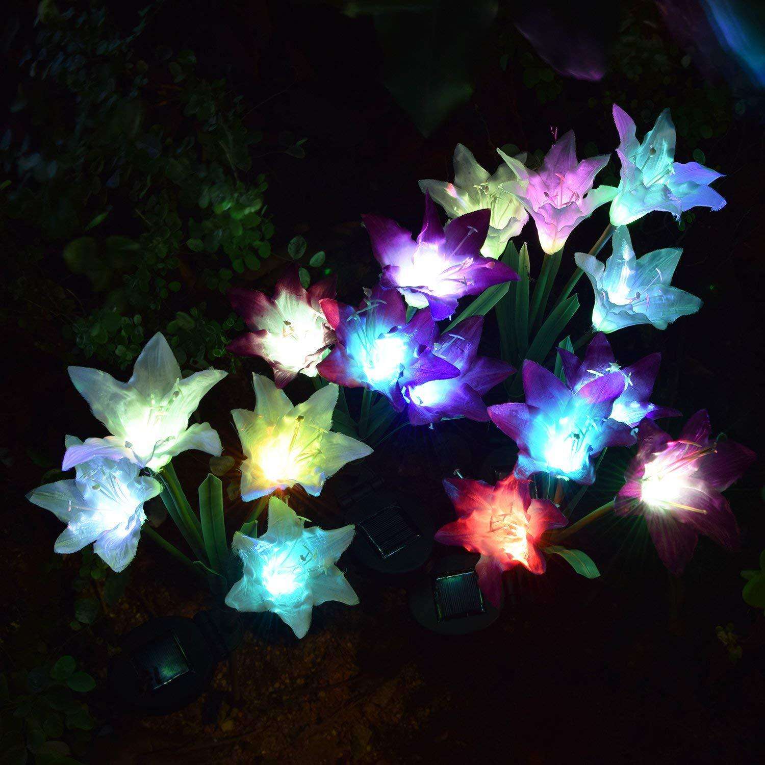 2PCS装爆款户外4头太阳能百合花灯LED仿真花灯庭院地插庭院草坪灯