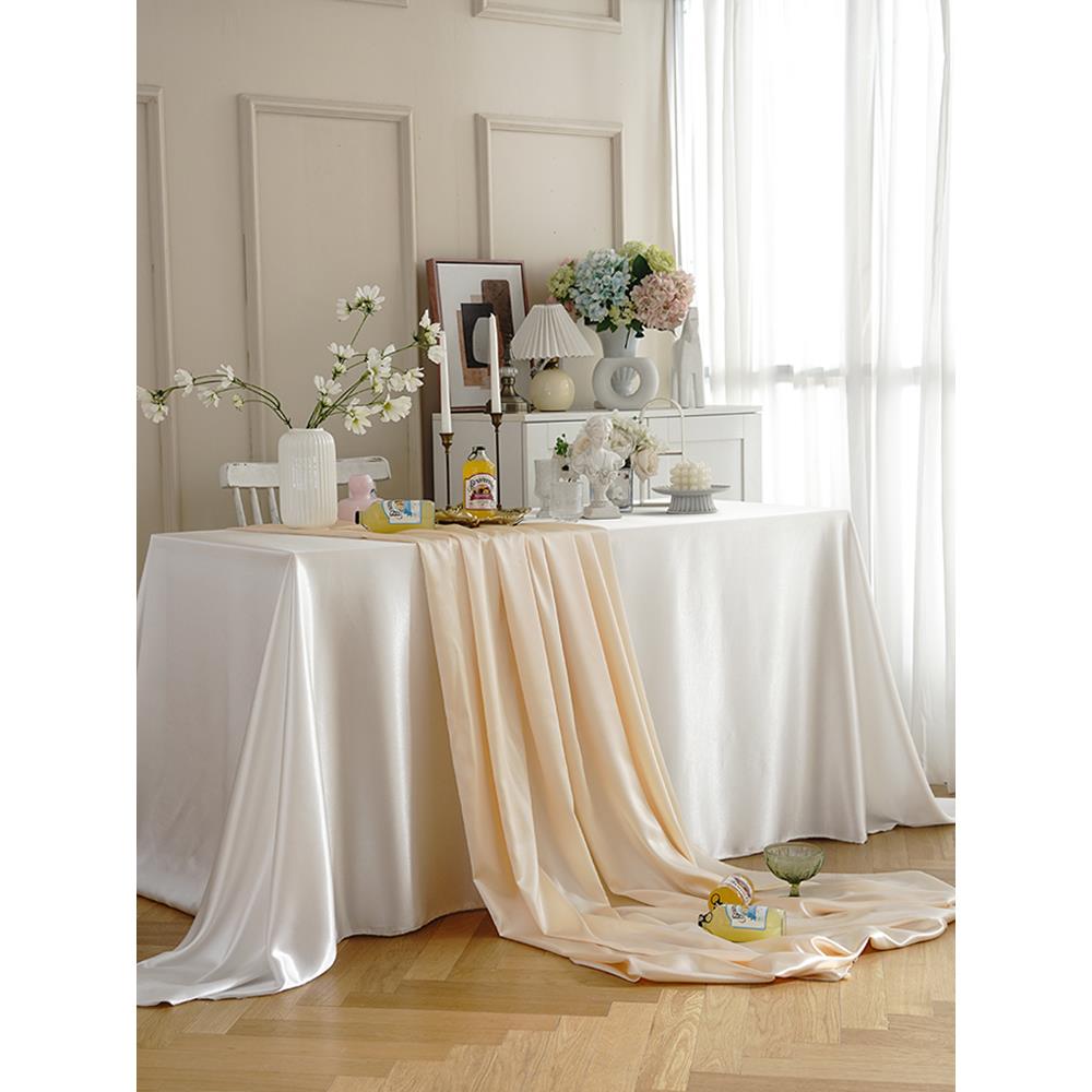 白色茶歇甜品台桌布轻奢高级感丝绸缎面生日结婚礼布置布拍摄背景